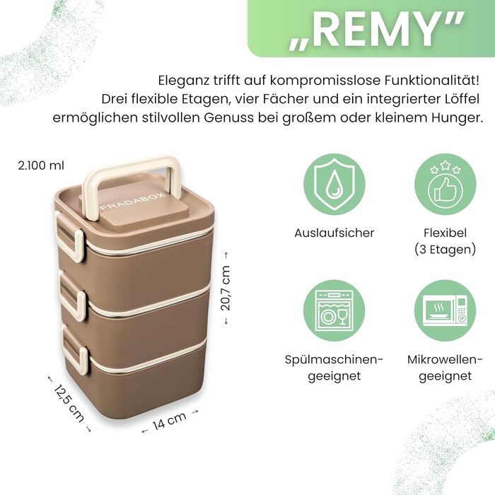FRADABOX® Бенто ланчбокс 'Remy' 2100 мл, 3 яруси з відділеннями та столовими приборами, преміум контейнер з нержавіючої сталі, велика BPA-free коробка для їжі, герметична та підходить для мікрохвильовки, для дорослих