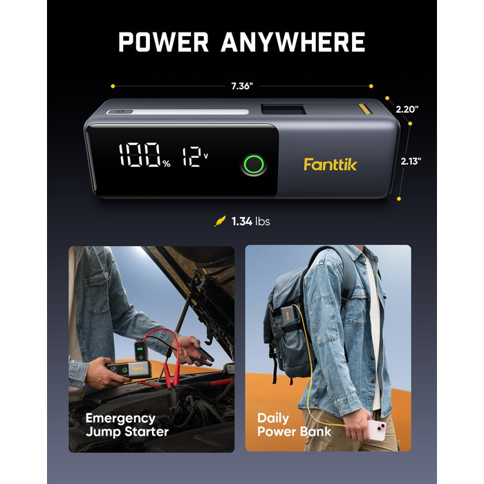 Бустер-старт-пауербанк Fanttik Potent T10 1800A 12000mAh, пусковий пристрій для авто 12V (бензин до 7.0L, дизель до 5.0L) з вбудованим кабелем