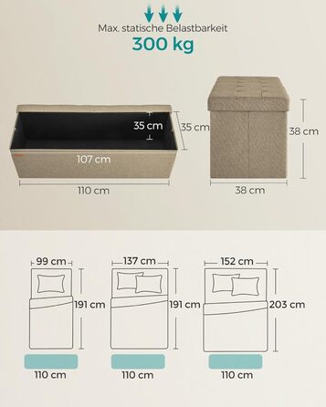 Складана банкетка SONGMICS з місцем для зберігання, 110×38×38 см, кришка на петлях, навантаження до 300 кг, для передпокою, вітальні, спальні, колір кемел