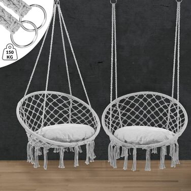 DETEX® Гамак-крісло підвісне до 150 кг, Boho стиль, стійке до погодних умов, сертифікат GS, для саду, 360° обертання, для дому та вулиці, з зручною подушкою (Світло-сірий)