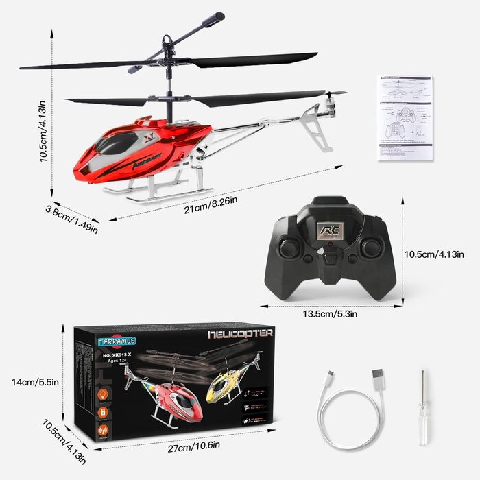 Радіокерований гелікоптер Hubschrauber 2.4G з LED підсвіткою для хлопчиків та дорослих (від 12 років), 3.5 канали, гіростабілізатор, фіксована висота, автоматичний зліт, червоний