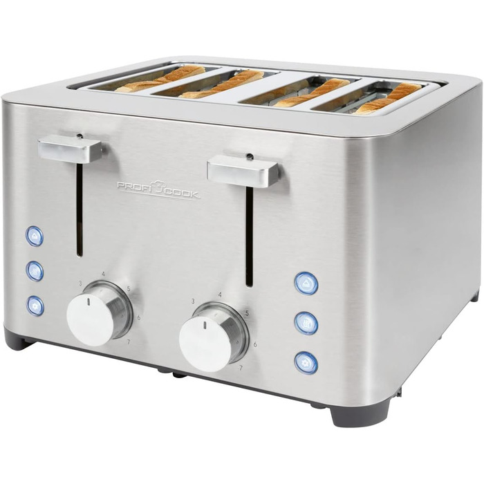Тостер ProfiCook 4-слотовий, нержавіюча сталь, 1500 Вт, широкий слот, підставка для булочок, 7 режимів підсмажування, зйомна крихтова підставка, PC-TA 1252