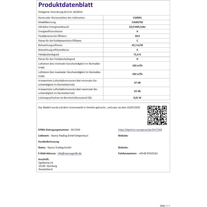 Похила витяжка CIARRA CBCB6750 (60 см, 350 м³/год), настінна, режим рециркуляції та відведення повітря, 3 швидкості, біла