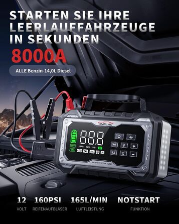 Пусковий пристрій (бустер) для авто 8000A з компресором 160 PSI та Powerbank, чорний