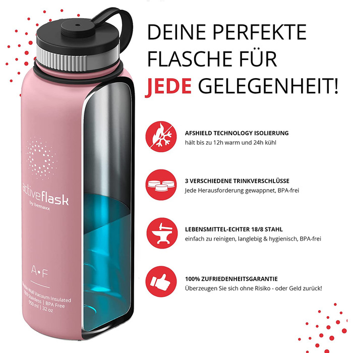 Термобутилка з нержавіючої сталі ACTIVE FLASK 950 мл, ізольована, з трубочкою, 3 кришки, BPA-free, герметична, для газованих напоїв, для води, спорту, велосипеда, дітей, чай, рожево-сіра