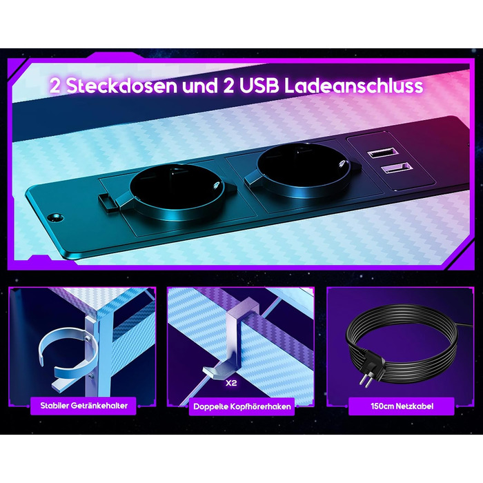 Ігровий стіл ODK з LED-підсвіткою, 2 розетками та 2 USB-портами, велика полиця для монітора, комп'ютерний стіл для геймерів, карбонове біле покриття, 129x129 см