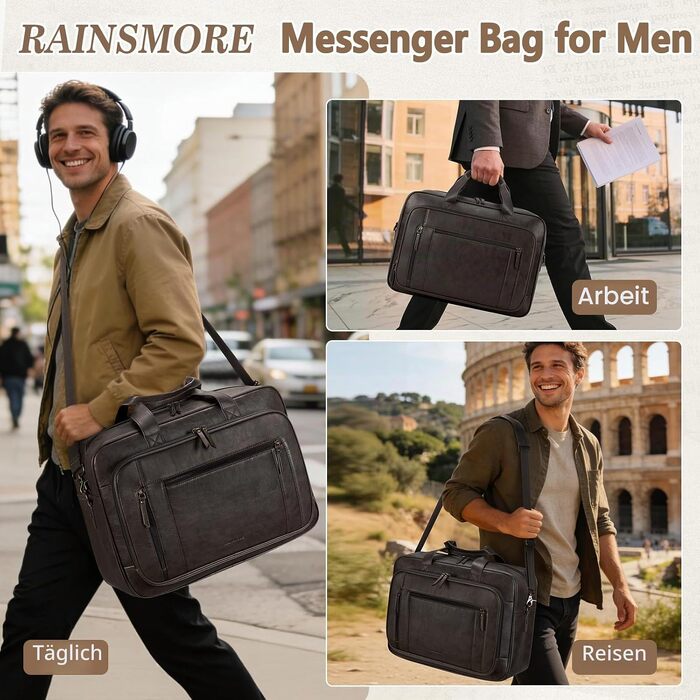Шкіряна чоловіча сумка-портфель RAINSMORE Vintage для ноутбука 16 дюймів, водонепроникна ділова сумка через плече для офісу та подорожей (Коричневий/Coffee)