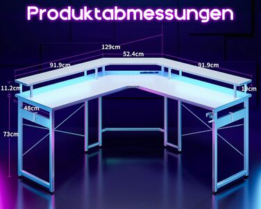 Ігровий стіл ODK з LED-підсвіткою, 2 розетками та 2 USB-портами, велика полиця для монітора, комп'ютерний стіл для геймерів, карбонове біле покриття, 129x129 см
