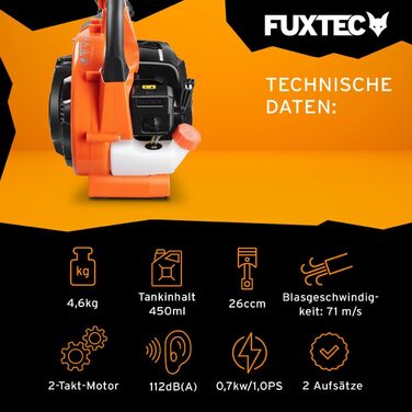 Бензиновий листозбирач/подрібнювач FUXTEC FX-LBS126 4в1 з 2 повітропроводами та мішком 45л – потужний, протестований, швидкість 71 м/с