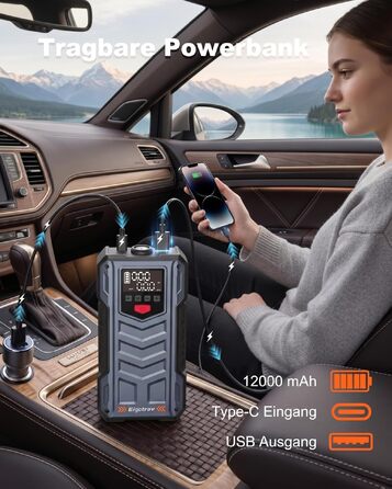 Пусковий пристрій (бустер) Starthilfe 8000A з компресором 150 PSI, 9-в-1: Jump Starter 12V для бензинових та дизельних авто (до 14л), електричний насос та Powerbank з швидкою зарядкою 30W