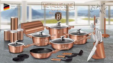 Набір каструль Berlinger Haus Rose Gold, 11 предметів, антипригарне покриття, мармур, алюміній, для індукції, 3 каструлі, 4 скляні кришки, 1 гриль- та 1 сковорода, 2 підставки, серія Metallic Line, PFOA-free