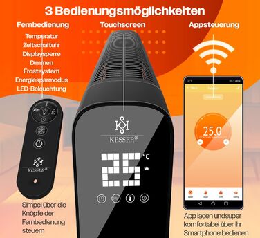 Електричний конвектор KESSER 1200/2400Вт, WiFi, термостат, таймер, сенсорний дисплей, економний, захист від перегріву, чорний