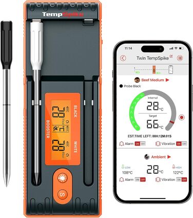 Бездротовий м'ясний термометр ThermoPro Twin TempSpike 150м Bluetooth з підставкою-дисплеєм для духовки, гриля, ростера, сірий, безпечний для посудомийки
