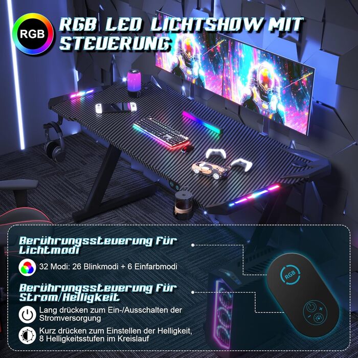 Ігровий стіл JUMMICO з RGB LED-підсвіткою, комп'ютерний стіл для геймерів та Home-office з тримачем для навушників та підстаканником, чорний (140 x 60 см)