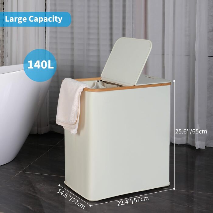 Кошик для білизни з кришкою та 2 відділеннями efluky, 140 л, світло-сірий/бежевий, подвійний кошик для зберігання білизни з 2 знімними мішками