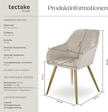 Крісла Tectake® для вітальні та обідньої зони: зручні крісла з підлокітниками, м'які, з оксамиту, колір кремовий/золотий (2 шт., тауп/золотий)