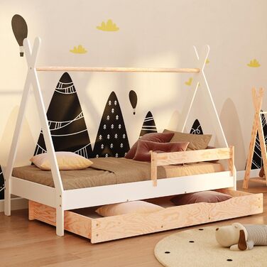 Ліжко-платформа Smartwood Hausbett для дітей Montessori Tipi F з сосни з сертифікатом FSC, захист від падіння, ламелі до 230 кг, для хлопчиків та дівчаток, проста збірка (60x120, білий) з ящиком