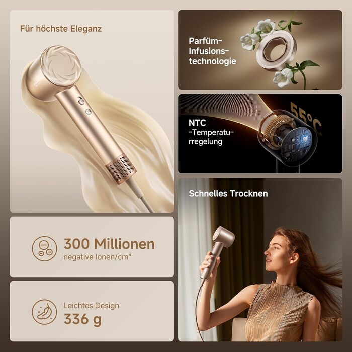 Фен DREAME Hair High-Speed: 3 насадки, регулювання температури NTC, 300 млн негативних іонів, 110 000 обертів/хв, 336 г, Gold, Glory Mix