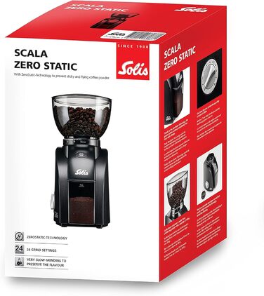 Електрична кавомолка Solis Scala Zero Static 1662, 24 ступені помолу, захист від статики, контейнер 300 г, чорна, для еспресо та кави