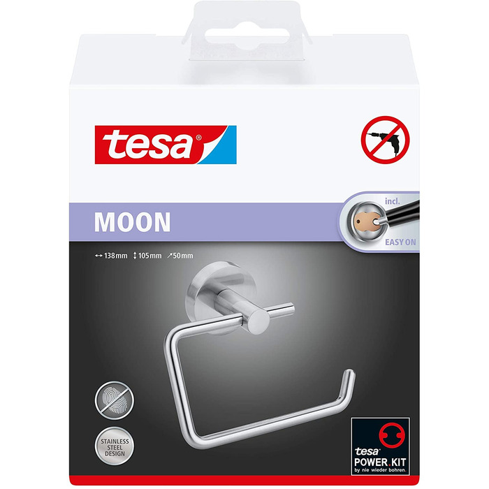 Тримач для туалетного паперу tesa MOON, хромований, настінний, без свердління, 138x105x50 мм, без кришки