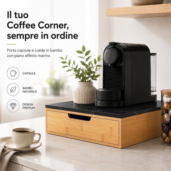 Держак для кавових капсул BAKAJI з шухлядою з бамбукового дерева для Nespresso, Dolce Gusto, Modomio, Lavazza, чайних пакетів та цукру, чорний (31,5 x 30 x 10 см)