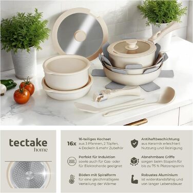 Набір посуду Tectake 16 предметів для індукційних плит з керамічним антипригарним покриттям: каструлі та сковороди зі знімними ручками та скляними кришками