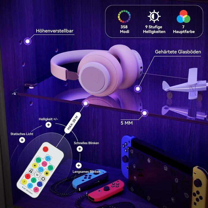 Полиця плаваюча YUSING RGB з підсвіткою 7 кольорів, настінна, геймерська, з 8 гачками, скляні полиці (82.5x80x21.5 см)