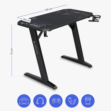 Ігровий стіл SENSE7 Nomad Cybernetic 120x60 см, комп'ютерний стіл з вуглецевим покриттям, ергономічний, з гачком для навушників, підсклянником та тримачем для контролера