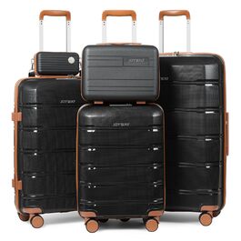 Набір валіз Joyway 5шт з жорстким корпусом, 4 колеса та TSA-замок. В комплекті: косметичка та сумка. Чорний/коричневий колір.