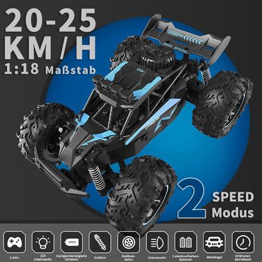 Радіокерований позашляховик Carox 1:18, 2.4 GHz, 25 км/год, блакитний – монстр-трак з підсвічуванням