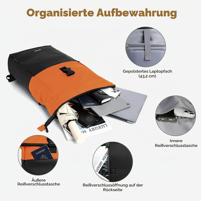 Водонепроникний рюкзак для ноутбука Rolltop 18-25Л, помаранчевий (30x13x48 см)