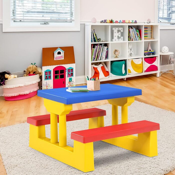 Дитячий садовий набір меблів DREAMADE з парасолькою: дитячий столик та стільчики для вулиці (синьо-червоно-жовтий)