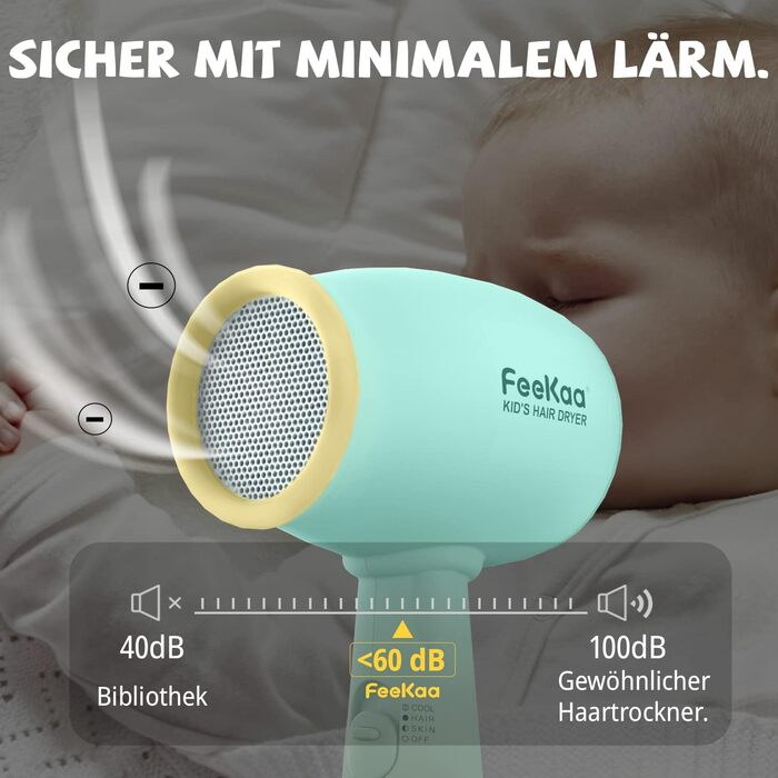 Дитячий фен Feekaa Mini для дівчаток, 550 Вт, тиха робота, безпечне сушіння волосся та шкіри малюків і домашніх улюбленців, зелений