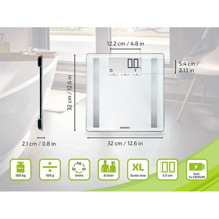 Цифрова вага Soehnle Shape Sense Control 200 для людей з великим LCD-дисплеєм, автоматичне вмикання та вимикання, плоска вага для тіла