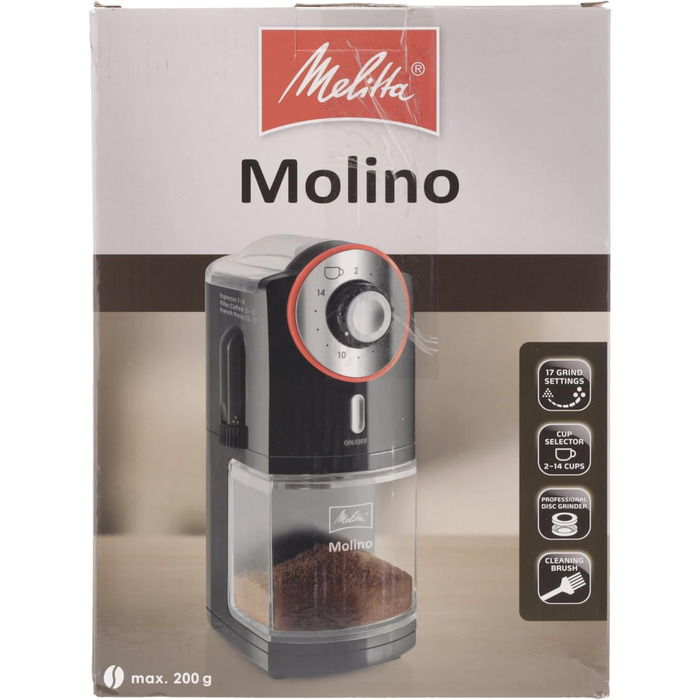 Електрична кавомолка Melitta Molino для 200 г кавових зерен, 17 режимів помолу, на 2–14 чашок, чорна/червона