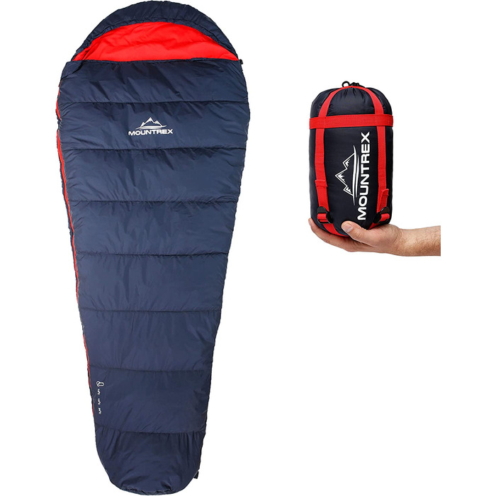 Спальний мішок MOUNTREX ультралегкий 760г, компактний, літній, мумія, для кемпінгу, подорожей, фестивалів, 100GSM, теплий, з'єднуваний, темно-синій/червоний