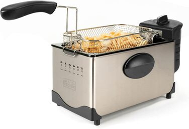 Електрична фритюрниця BLACK+DECKER BXDF2100E, 2100 Вт, 3 л, знімна чаша, нержавіюча сталь, сіра, регулювання температури, легке очищення, підходить для посудомийки