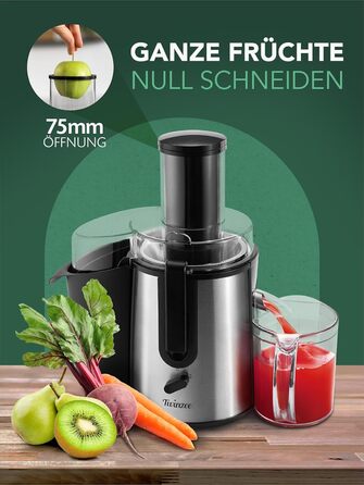 Twinzee 850W електричний соковитискач для овочів та фруктів з 2 швидкостями та широким завантажувальним отвором (75 мм)