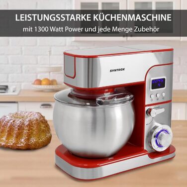 Кухонна машина Syntrox Kagus 6 л, м'ясорубка, 1300 Вт, нержавіюча сталь, червона, LED-дисплей, таймер, насадки для тіста та збивання
