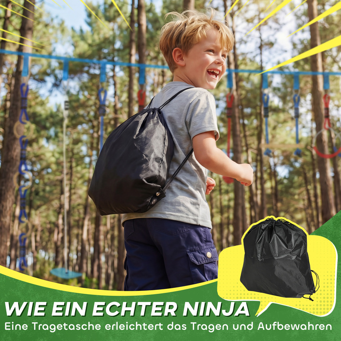 Набір для Slackline Ninja Line Kinder 10м, 9-елементний, з 2 кільцями для гімнастики та 3-в-1 гойдалкою, 2 турніками для дітей 3-8 років, багатокольоровий