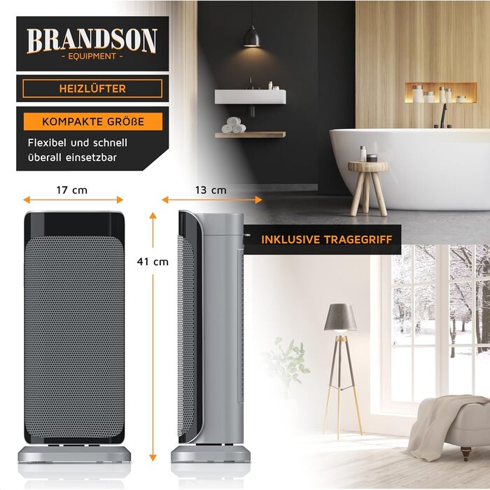 Керамічний обігрівач Brandson 2000 Вт з дистанційним керуванням, енергоощадний, тихий, для ванної кімнати, з осциляцією, сріблястий, сертифікат GS, переможець 2024 року