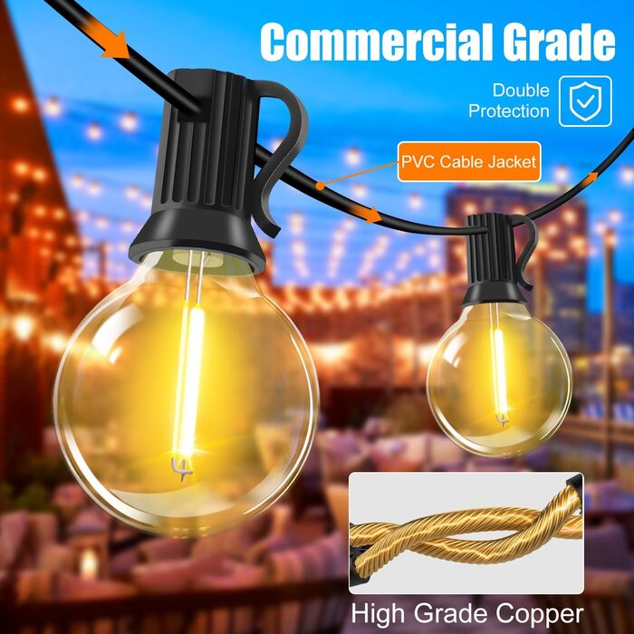 LED гірлянда для вулиці з пультом керування, 15м, G40, диммування, 4 режими, таймер, вологостійка, для саду, балкону, тераси, вечірки, кемпінгу, весілля
