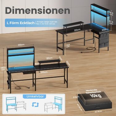 Ігровий стіл L-подібний 170x100 см з LED, 3 розетки, 2 USB, стіл для геймінгу та офісу, чорний