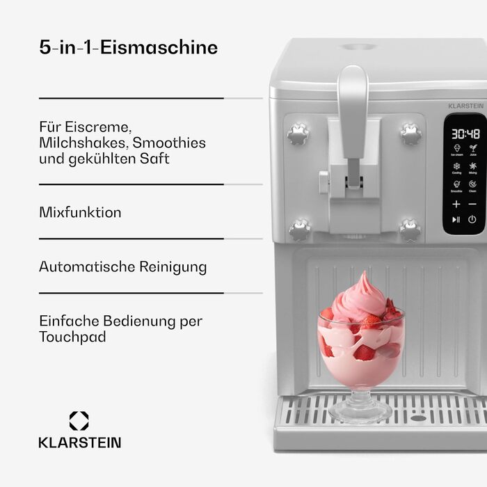 Кларштайн SweetSwirl - Морозивомашина 3-в-1 для морозива, молочних коктейлів та смузі, 1.5 л, сенсорний дисплей, режим підтримки температури, функція очищення, біла
