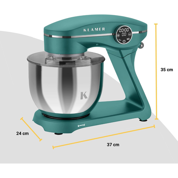 Кухонний комбайн KLAMER 1800W — Планетарний міксер для тіста з чашею 6л, 10 швидкостями та таймером, набір насадок (гак, вінчик, міксер), колір бірюзовий