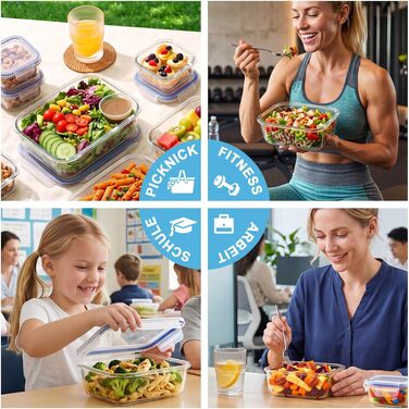 Набір скляних контейнерів для їжі з кришками, 16 предметів (8 боксів та 8 кришок), герметичні ланч-бокси для Meal Prep, придатні для мікрохвильової печі та морозильника, сині