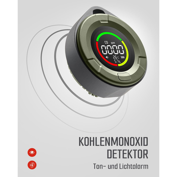 Портативний детектор чадного газу GasDoc DS-100, 3-в-1 CO-детектор для подорожей, кемпінгу, дому та авто, акумуляторний вимірювач з акустичним та візуальним сигналом тривоги, колір темно-зелений