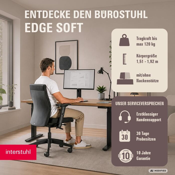 Ергономічне офісне крісло Interstuhl Edge Soft: синхромеханізм, 4D-підлокітники, підтримка попереку, чорне, Made in Germany