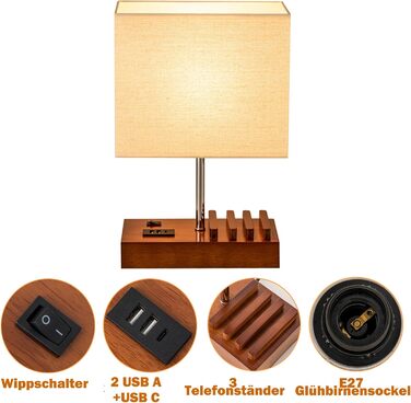 Настільна лампа Dreamholder з 3 USB (A+C) портами, підставкою для телефону, для спальні, вітальні, офісу, з натуральним дерев'яним цоколем та тканинним абажуром (цоколь з горіхового дерева)