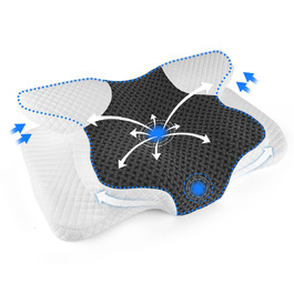 Ергономічна ортопедична подушка для шиї з ефектом пам'яті (Memory Foam), регульована висота, для сну на боці, спині та животі, 63x42 см (Білий + Чорний)